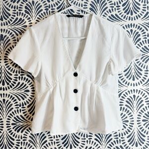 Zara White Cropped V Neck Button Blouse